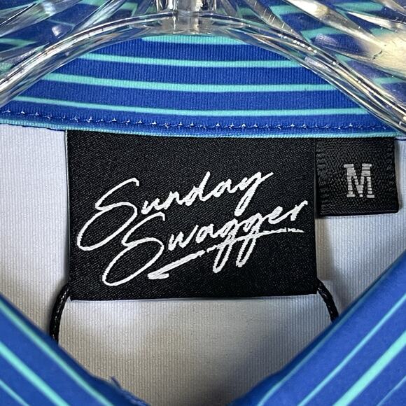 Sunday Swagger Polo Shirt Mens M Blue Striped Golf Performance Short Sleeve NWT - Picture 3 of 12